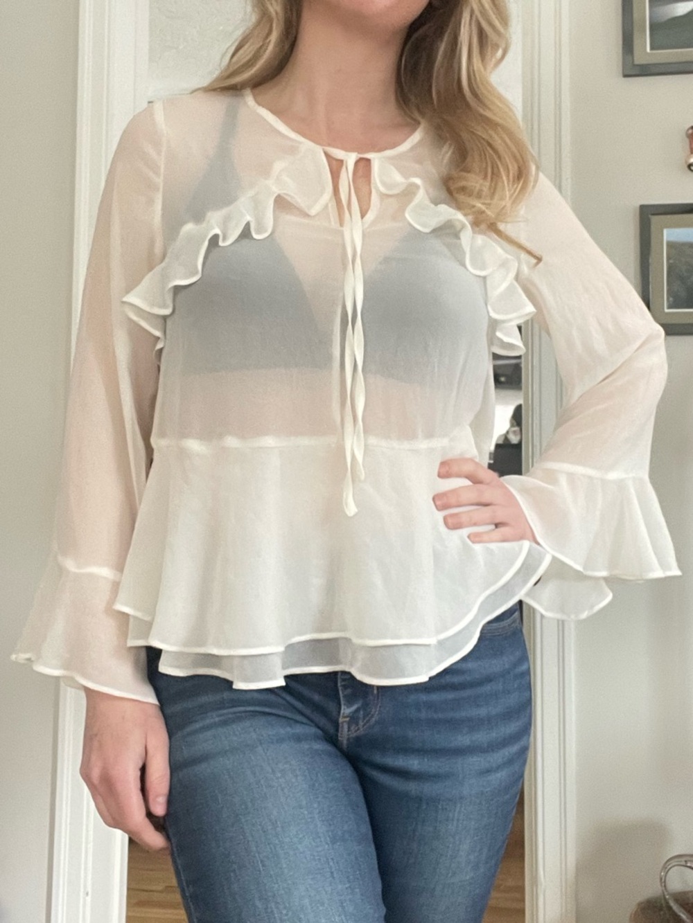 Banana Republic Sheer Ruffle Tie-Front Blouse - White